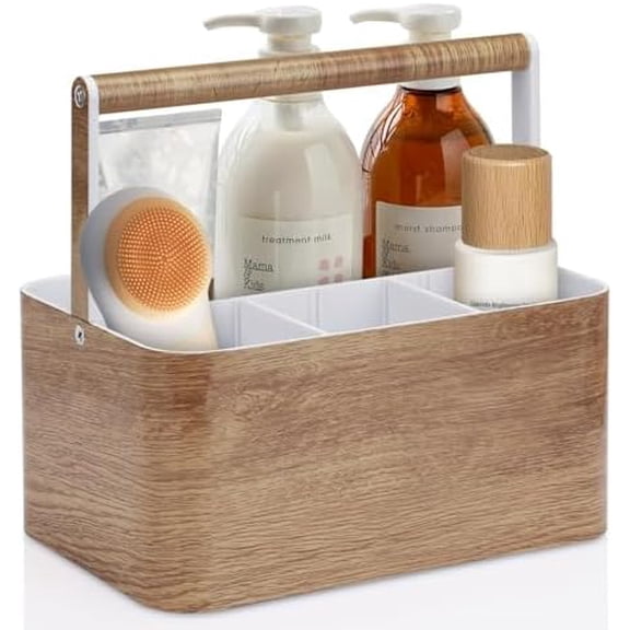 Shower Caddy Portable for College: Devided Bathroom Caddy Shower Basket for Dorm with Handle, Plastic Bathroom Counter Organizer Storage Tote Bin for Dorm,Kitchen,Cabinet, Wood Grain