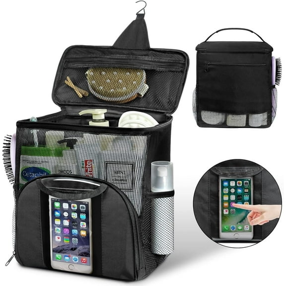 Mesh Shower Caddy Bag Portable College Dorm Room Essentials Caddy Tote Basket for Bathroom, Gym, Travel, Camping Quick Dry Hanging Shower Organizer Toiletry Bag for Women Wen, Black
