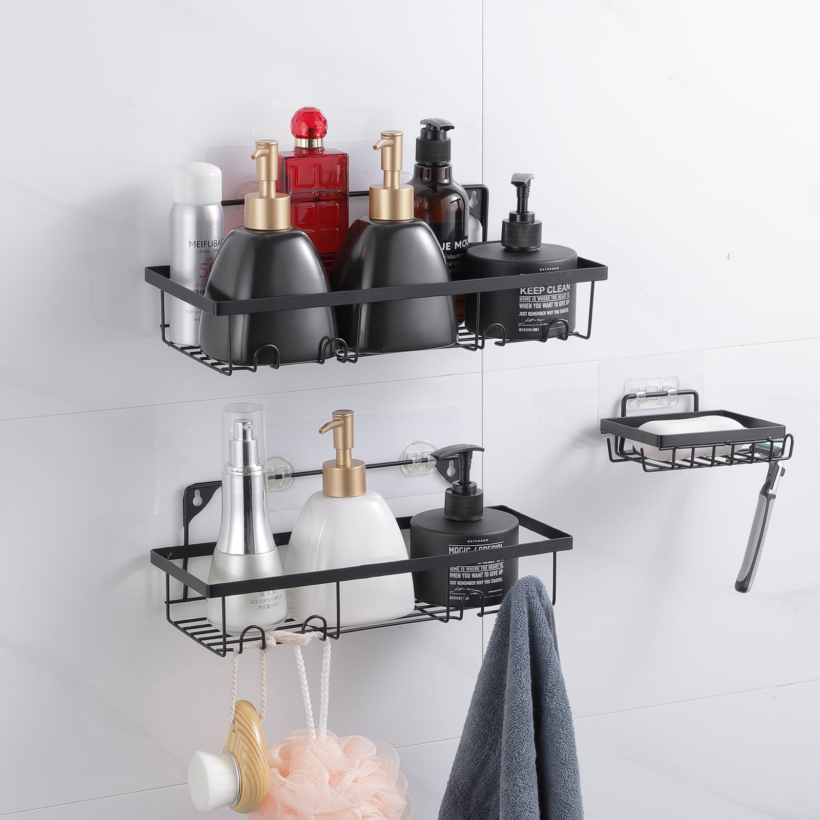 AmazerBath Adhesive Shower Caddy Basket Rack with Hooks, Rustproof Sta