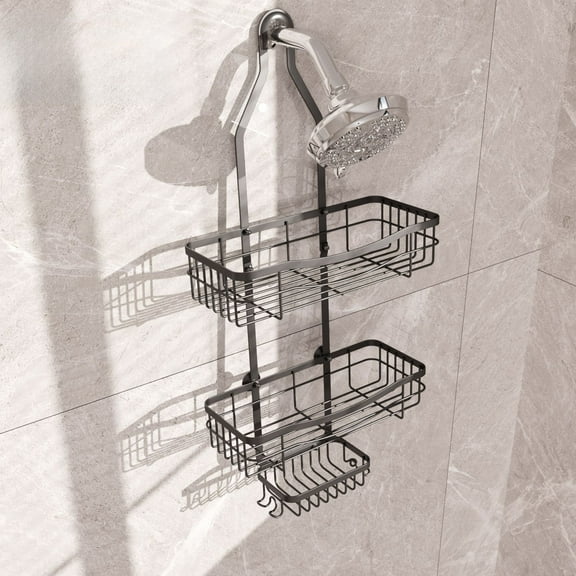 Shower Caddy Shelf Organizer Rack - Black Steel | Bathroom Shampoo Storage Basket | Wall Mount, Punch Free | All Around Drainage Air Vent | 1 Pc | 13.39x9.65x2.28 in | 260g | Bathroom Shelves