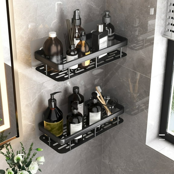 Shower Caddy Shelf Organizer Rack | Space Aluminum Rustproof Wall Mounted Bathroom Shelf Storage with Hooks, Black, No Drilling, 12x5in, Ventilated Multipurpose Kitchen Spice Shelf