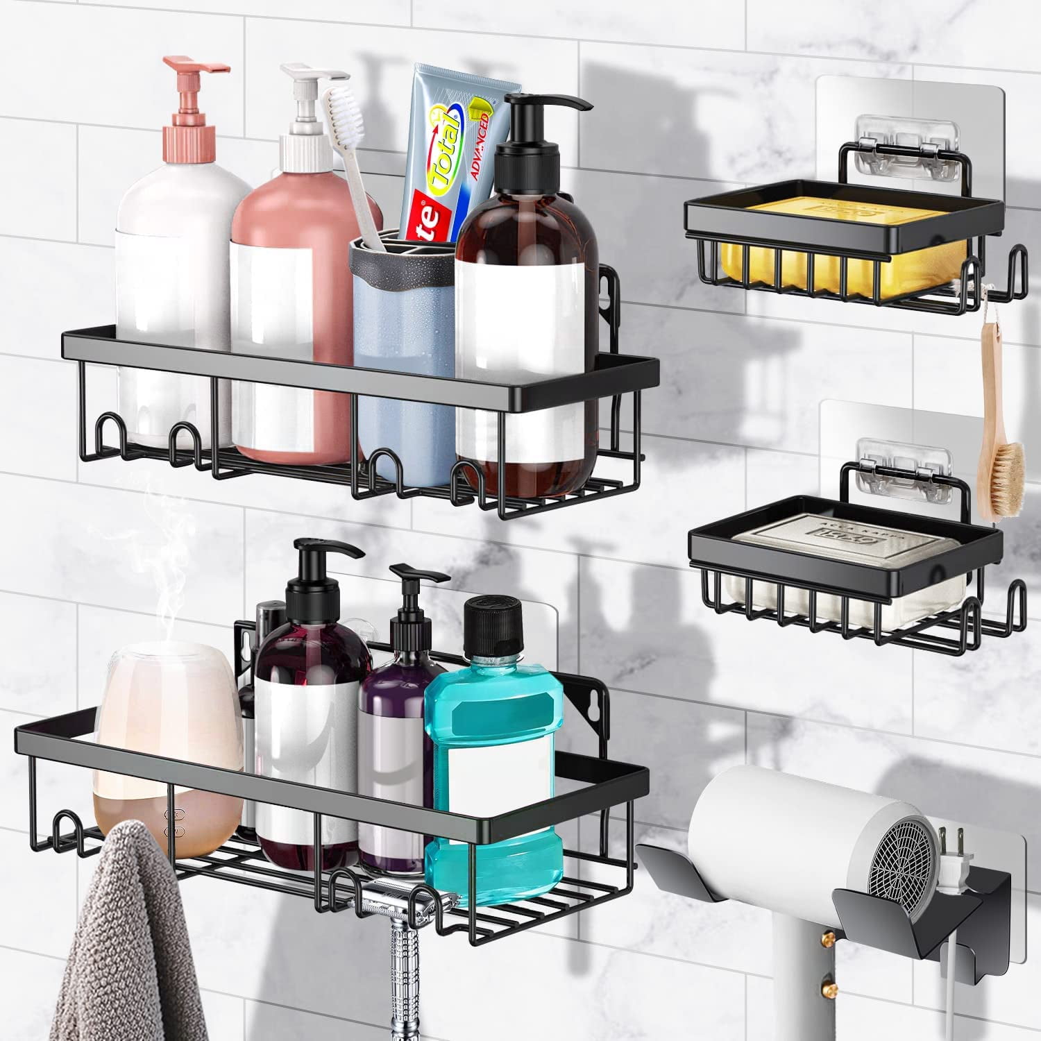 BESy Adhesive Bathroom Shower Corner Shelf Shower Corner Caddy with 2 Hooks, Drill Free with Glue or Wall Mount with Screws,No Damage Stainless