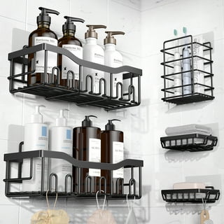 STEUGO Black Corner Shower Caddy Adhesive Shower Shelf US304 Stainless Steel Shower Wall Caddy Drill Free Corner Shelves for Shower with 4 Hooks Bathr