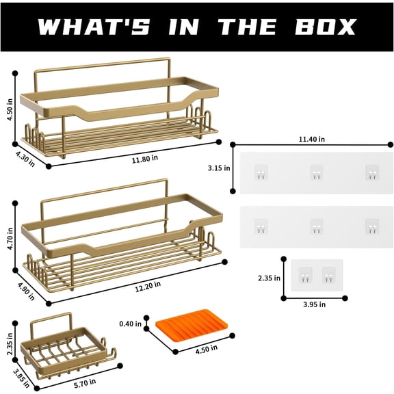 Shower Caddy Shelves Organizer Rack, 3 Pack Shower Caddy with Soap Holder, No Drilling Wall Mounted Self Adhesive Shower Shelves for Inside Shower, Matte Gold