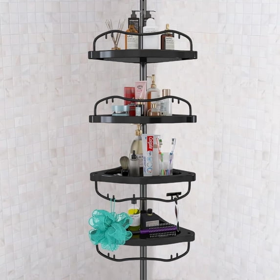 Shower Caddy,Shower Caddy Tension Pole with 4 ABS Baskets,Shower Storage Shelf 56 to 125 Inch Adjustable Stainless for Bathroom Black