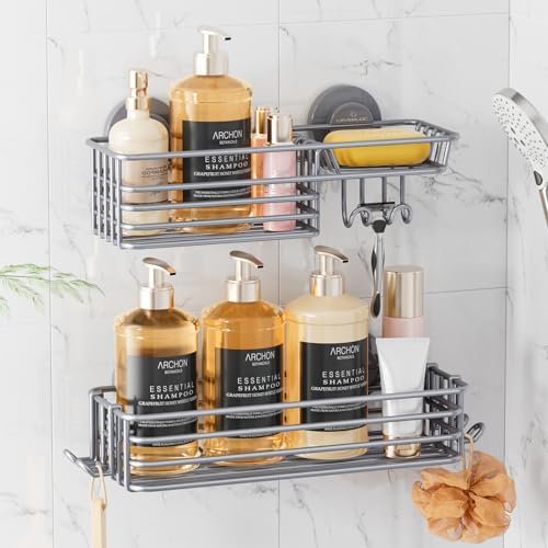 Shower Caddy Suction Cup, 2 Pack Shelves for Inside with Hooks and Soap Holder, NO-Drilling Bathroom Holder, Rustproof Meatl Bathroom Organizer, Grey