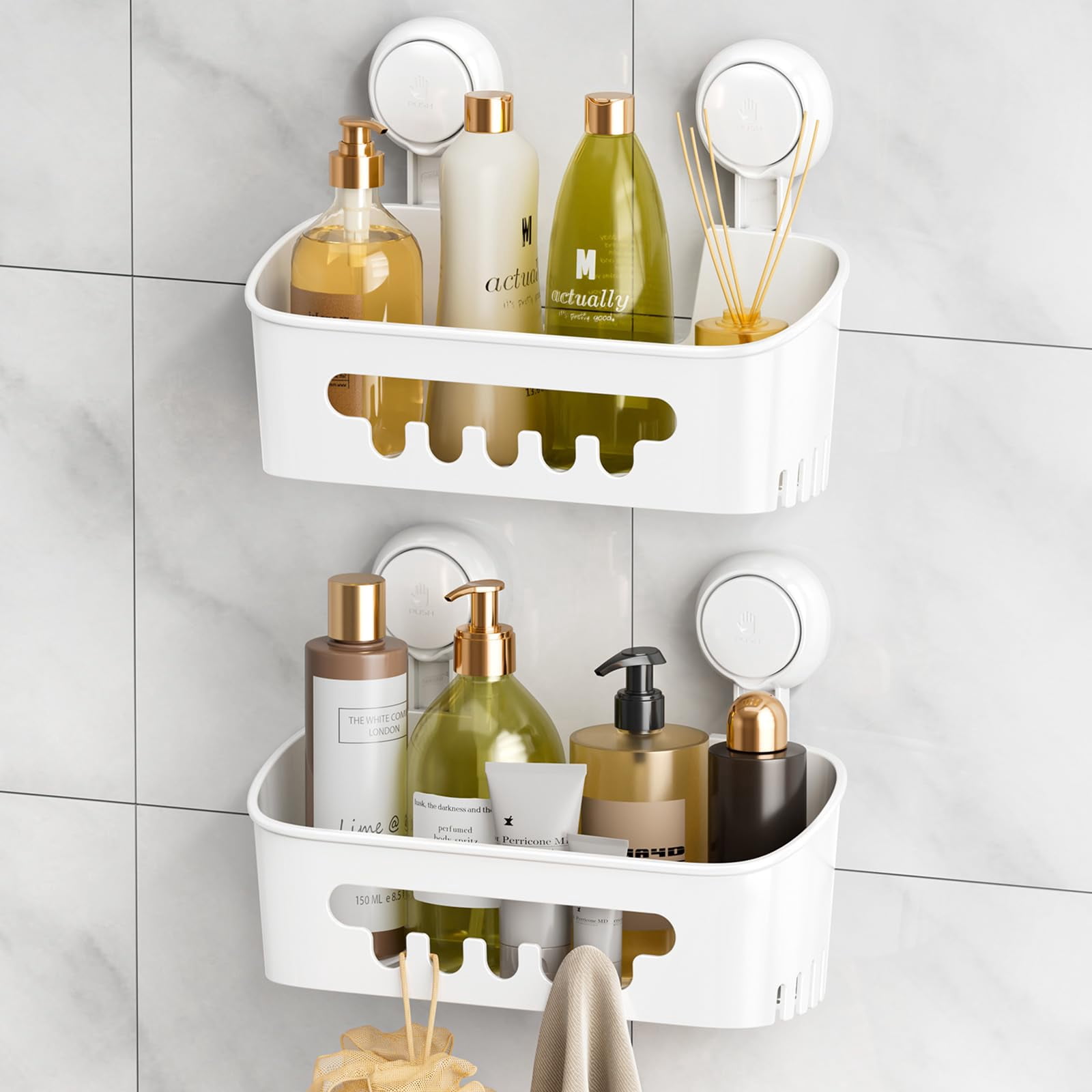 Shower Caddy Suction Cup 2 Pack, Shower Organizer Removable Bathroom Shelf, Storage Suction Powerful Max Hold 22lbs Bathroom Caddy Waterproof Holder, White