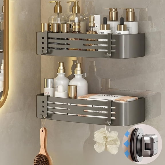 Shower Caddy Suction Cup,2 Pack Shower Shelves with Hooks No Drilling Removable,Large Capacity Bathroom Organizers and Storage,Waterproof Rustproof Shower Bathroom Accessories Decor(Gray)