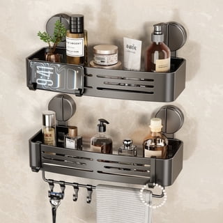 Sofinny 2 Pack Shower Caddy Suction Cup, No Drilling Shower Shelves Organizer with Towel Bar & Multifunctional Hooks Wall Mounted, Removable (Gray)