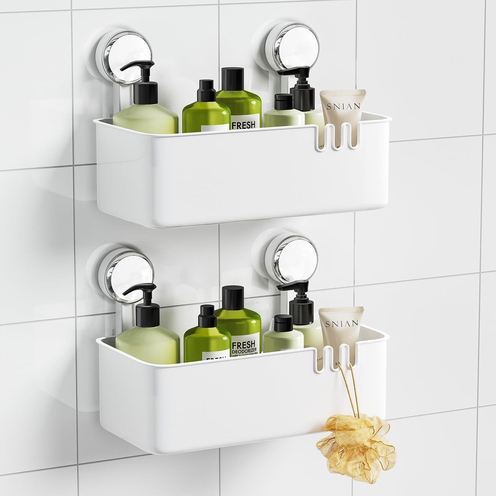 Shower Caddy Suction Cup, Heavy Duty Bathroom Shower Organizer, Removable Shelf for Inside Shower, Shampoo, Wall Mounted Plastic Shower Storage for Bathroom Accessories, White