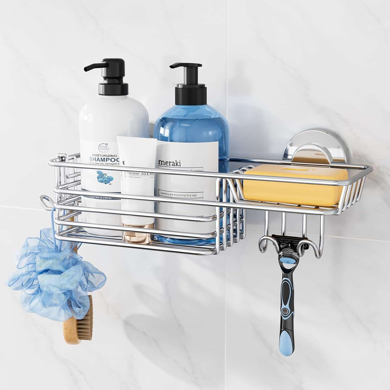Shower Caddy Suction Cup with Hooks & Soap Holder, Heavy Duty Bathroom Shower Organizers, Removable Bathroom Shelves for Inside,Stainless Steel Holder Organizer-Silver