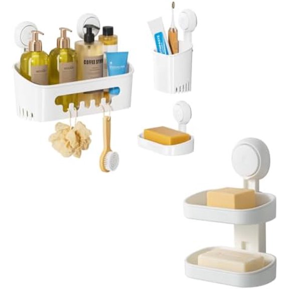 Shower Caddy Suction Cup Set Shower Organizer & Soap Holder & Toothbrush Holder, Bathroom Shelf Basket NO-Drilling, Removable Suction Storage Waterproof Bathroom Caddy, White