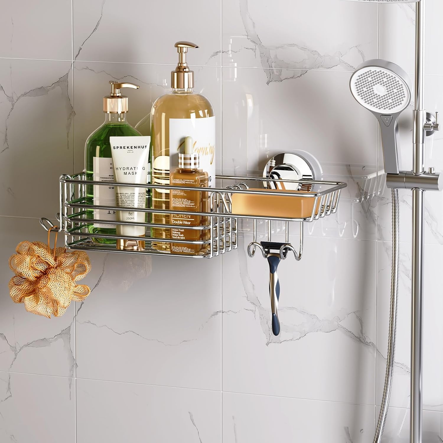 Shower Riser Shelf Shower Caddy Suction Cup Shower Shelves Shower Holder,Silver | No Drill ...
