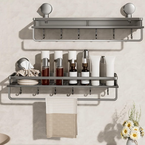 Shower Caddy Suction Cup,Suction Shower Shelf with Hooks NO-Drilling Bathroom Holder, Rustproof Bathroom Organizer(19.5x5.1in)