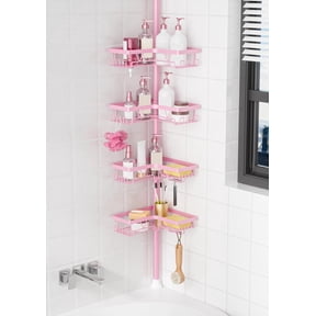 Shower Caddy Tension Pole with 2 Towel Bars, Adjustable Corner Bathroom Organizer, Rustproof Bathtub Storage Shelves for Shampoo, 25–114.2 Inch Shower Corner Rack for Renters & Family, Bronze