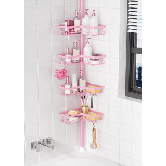 Shower Caddy Tension Pole with 2 Towel Bars, Adjustable Corner Bathroom Organizer, Rustproof Bathtub Storage Shelves for Shampoo, 25–114.2 Inch Shower Corner Rack for Renters & Family, Bronze