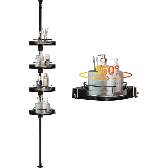 Shower Caddy Tension Pole with 4 L-Lazy Susan Organizer 360 Rotating 35-128 Inch No Drilling Floor Standing Shelves Adjustable Shower Rack for Bathroom Corner (Black)