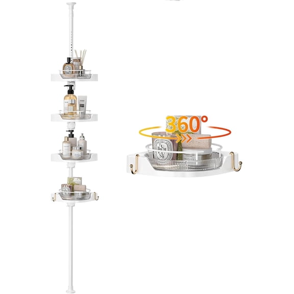 Shower Caddy Tension Pole with 4 L-Lazy Susan Organizer 360 Rotating 35-128 Inch No Drilling Floor Standing Shelves Adjustable Shower Rack for Bathroom Corner (White)