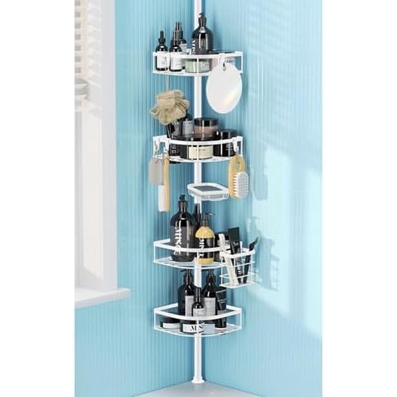 Shower Caddy Tension Pole, 4-Tier Adjustable Corner Shower Standing Caddy, Rustproof Shower Rack for Bathroom Bathtub, with 4 Shelves, No Drilling Shower Shelf for Inside Shower (White)
