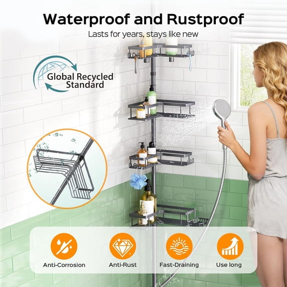 Shower Caddy Tension Pole: 4-Tier Corner Rustproof Bathroom Organizer with Soap Holder & Hooks - No-Drill Adjustable Shower Shelf for Renters - Family Stand Storage Rack - 47-123 Inch