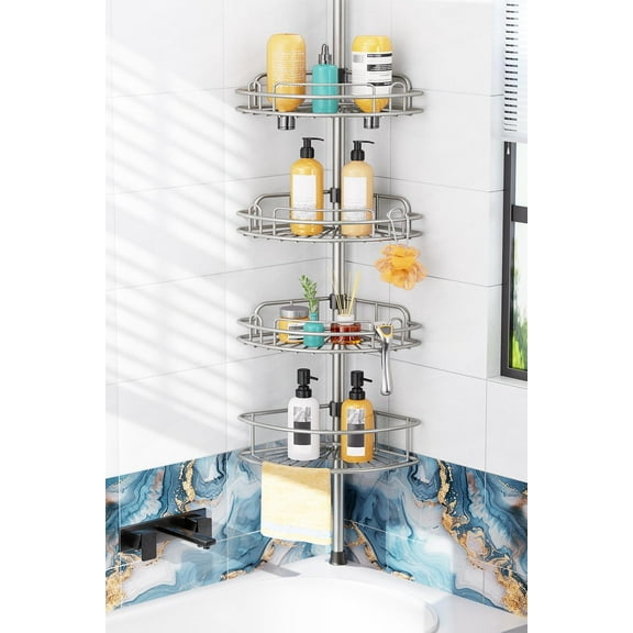 Shower Caddy Tension Pole: 4-Tier Rustproof Bathroom Corner Shelf Organizer for Renter - No Drill Large Shampoo Storage Rack - Adjustable 47-121" - Space Saving Bathtub Accessory - Silver Gray