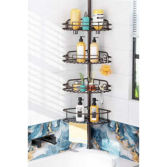 Shower Caddy Tension Pole: 4-Tier Rustproof Bathroom Corner Shelf Organizer for Renters - No Drill Large Shampoo Storage Rack Adjustable 47-121 Inch - Space Saving Bathtub Accessory - Bronze