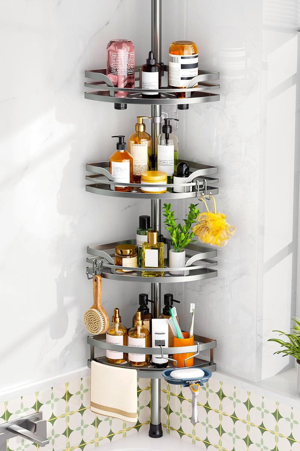 Shower Caddy Tension Pole：4-Tier Rustproof Bathroom Corner Shelf for Renters - 47-121inches Adjustable Bathtub Organizer with Soap Holder-large capacity rack for Shampoo Storage Home Accessory