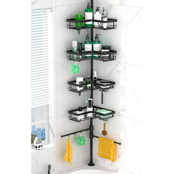 Shower Caddy Tension Pole Corner with 4 Removable Baskets & 2 Towel Bar - Expandable Shower Caddy Corner Adjustable 25-114.2 Inches Upgraded Bath Organizer for Tub(Stainless Steel, Black)