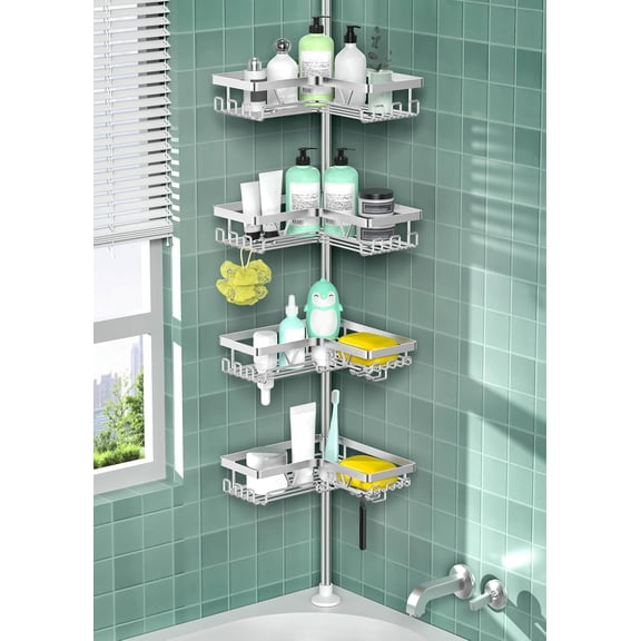 Shower Caddy Tension Pole - Corner Shower Shelves with Soap Holder Bathroom Shower Organizer for Tub (Stainless Steel, Silver, Floor to Ceiling 25-114.2 inch)