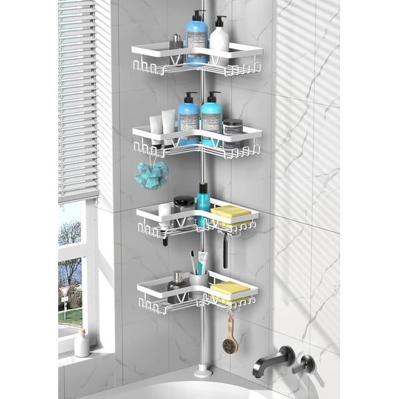 Shower Caddy Tension Pole Corner - Stainless Steel Bathroom Organizer White Tension Rod Shower Shelves for Tub(22-114.2inch), Renter Friendly