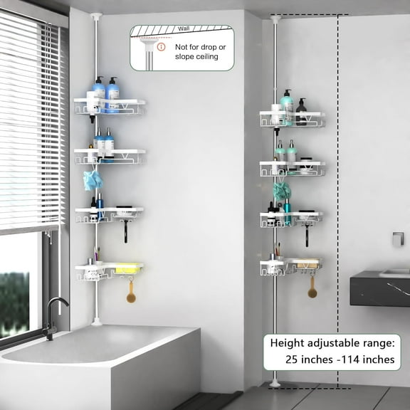 Shower Caddy Tension Pole Corner - Stainless Steel Bathroom Organizer White Tension Rod Shower Shelves for Tub(22-114.2inch), Renter Friendly