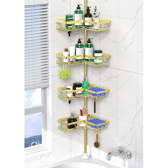 Shower Caddy Tension Pole - Gold Corner Shower Caddy Stainless Steel Bathroom Shower Organizer for Tub Tension Rod Corner Shower Shelves(22-114.2inch)