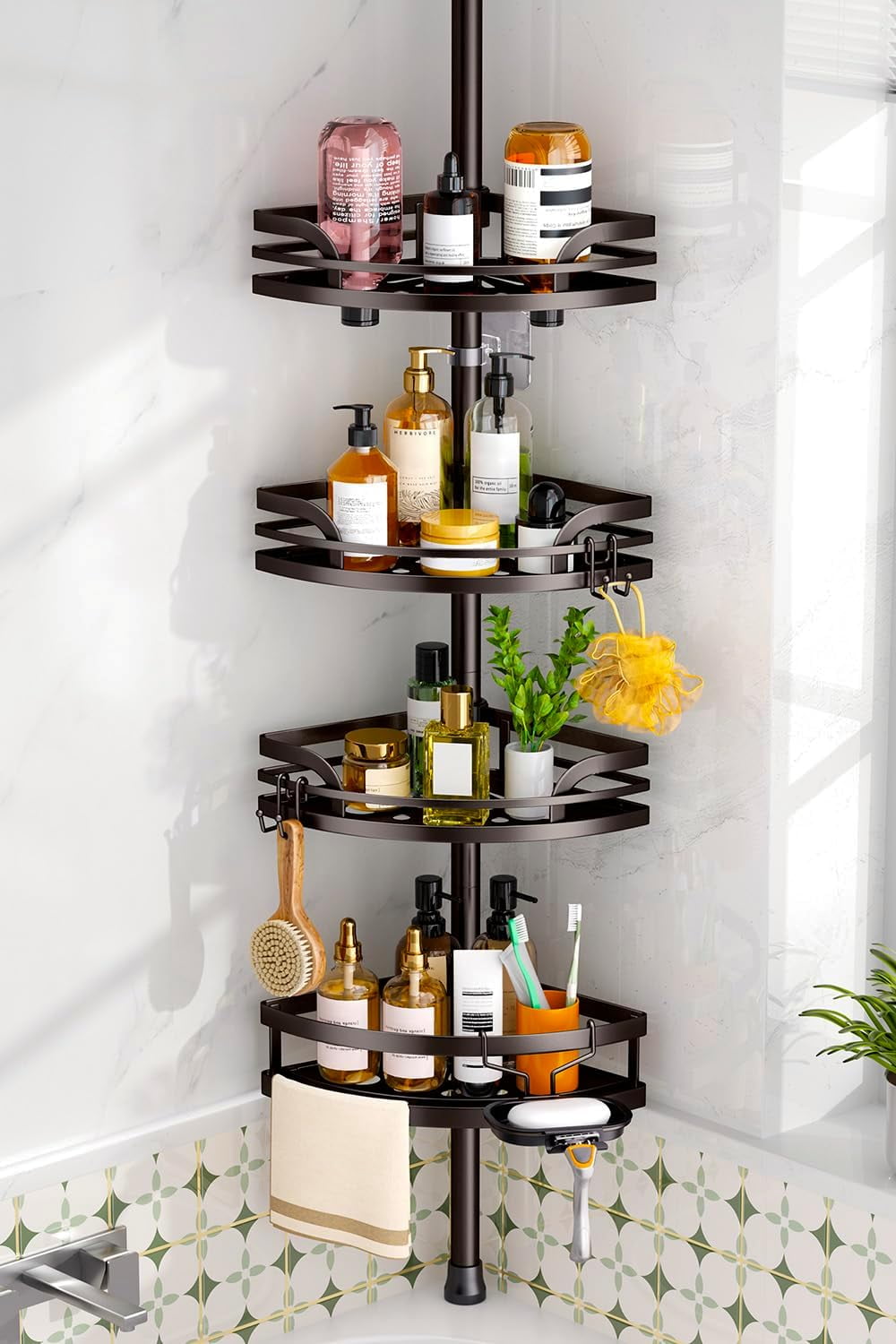 Shower Caddy Tension Pole: Rustproof Bathroom Corner Shelf for Renters, 47-121 inches Adjustable Organizer with Soap Holder-Large Capacity Rack for Shampoo Storage Home Accessory- Bronze