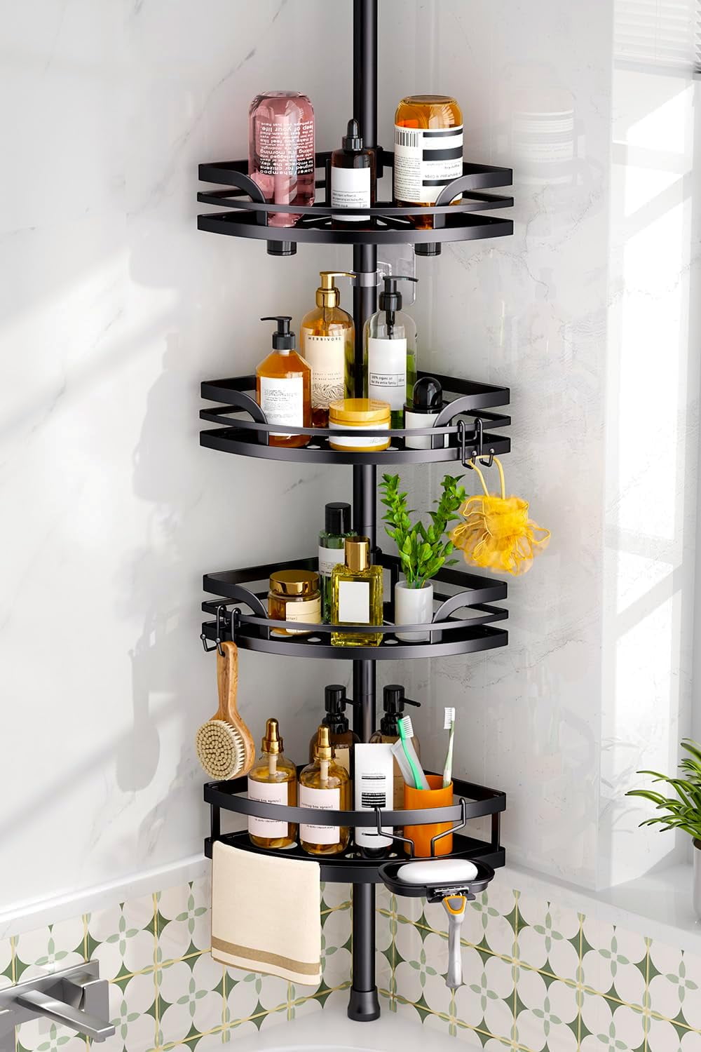 Shower Caddy Tension Pole: Rustproof Bathroom Corner Shelf for Renters, 47-121inches Adjustable Organizer with Soap Holder-Large Capacity Rack for Shampoo Storage Home Accessory - Black