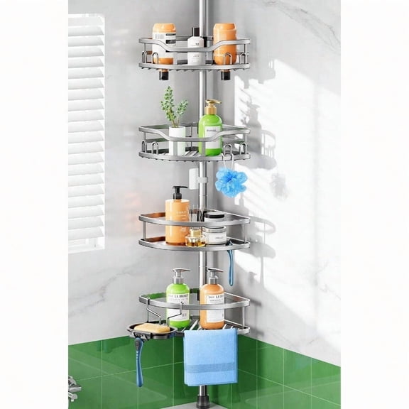 Shower Caddy Tension Pole: Rustproof Quick Install Corner Bathroom Organizer Shelf on Floor for Renters - 4-Tier Large Capacity Storage Rack with Soap Holder for Apartment -47-121 Inch/Sier