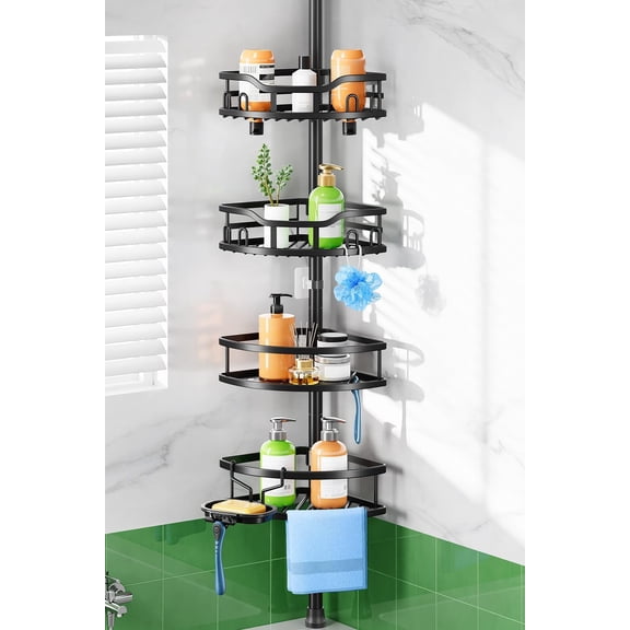 Shower Caddy Tension Pole: Rustproof Quick Install Corner Bathroom Organizer Shelf on Floor for Renters - 4-Tier Large Capacity Storage Rack with Soap Holder for Apartment -47-121 Inch/Black
