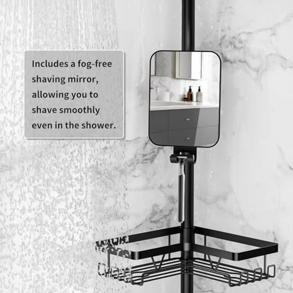 Shower Caddy Tension Pole with Anti-Fog Shaving Mirror, Tension Rod Shower Caddy Corner for Bathroom Organizer, Black