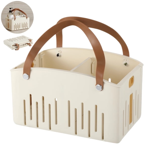 Shower Caddy Tote, Collapsible Plastic Bath Basket with Handle, Cream, 11 x 7.1 x 6.5 in, Portable Organizer for Travel, Gym