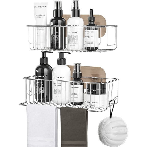 Shower Caddy with Towel Bar and Hooks, 2 Pack Wall Mounted Bathroom Organizer, Stainless Steel Adhesive No Drilling Shower Storage Rack for Bathroom, Kitchen, Bedroom, Toilet, Silver