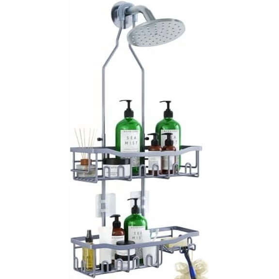 Shower Caddy, Upgraded Extended Length Shower Caddy Over Showerhead No Blocking to Showerhead, Rustproof Bathroom Organizers and Storage with Hooks Shampoo Soap Holder, Large Hanging Caddy