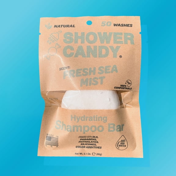 Shower Candy Fresh Sea Mist Shampoo Bar - Extra Lather - Natural, Plant-Based Ingredients - Plastic-Free - Zero Waste Shampoo Soap Bar - Phthalate and Paraben-Free, Travel Friendly Bar Shampoo