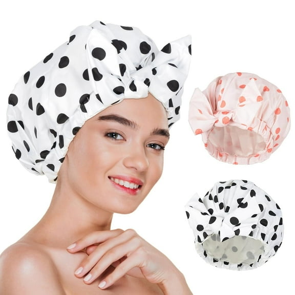 Shower Cap 2Pcs Shower Caps for Women Reusable Waterproof Hair Cap for Shower with Adjustable Bowknot Luxury Bath Cap for Women (Black Dot & Pink Dot)