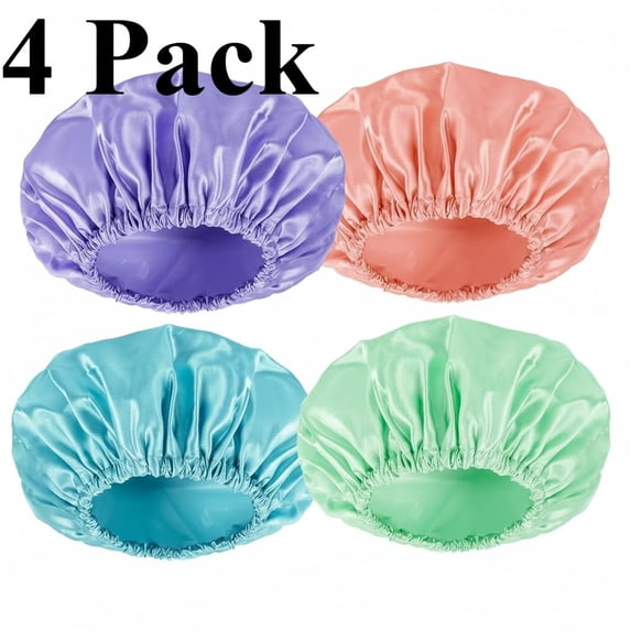 Shower Cap, 4 PCS Shower Caps for Women Reusable Waterproof, Double Layers Hair Cap for Shower, Elastic and Flexi Bath Caps, Environmental Protection Bathing Hat