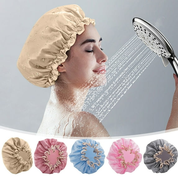 Shower Cap Double-Layer Oil Resistant Elastic Waterproof Hair Protector | Thick Polyester Material | Snug Fit | Easy Clean | No Color Fade | 2 Pack | 9.6 Inch Diameter | for Bath Spa Kitchen Use