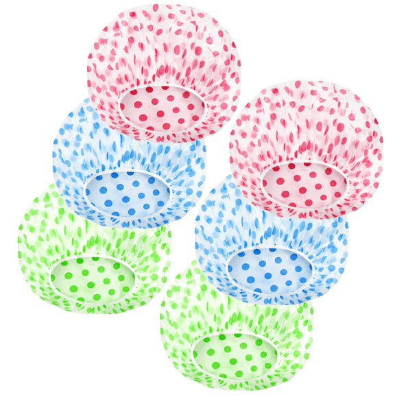 Shower Cap, Reusable Shower Hat Bath Caps, Waterproof with Elastic Band Hair Hat for Men Women Ladies Spa Salon, Coloful Dotted, 6 Packs