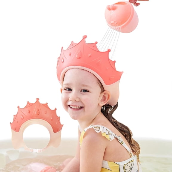 Shower Cap Shield for Kids, Visor Hat for Eye and Ear Protection for 0-9 Years Old Children, Cute Crown Shape Makes the Baby Bath More Fun (Red)
