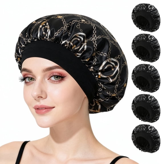 5PCS Silk Bonnet for Women/Men, Reusable Satin Hair Bonnet for Sleeping, Elastic Wide Band Silk Cap for Long Hair, Braids and All Hair Types, Black