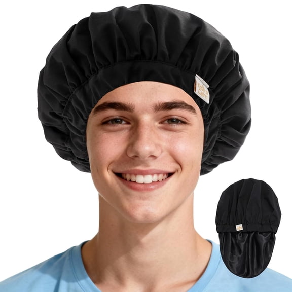 Shower Cap for Men Waterproof Reusable - Fashion Dual-Layer Design, Adjustable Elastic Band Long & Curly Hair, XL Bath Spa Travel, Satin Lined