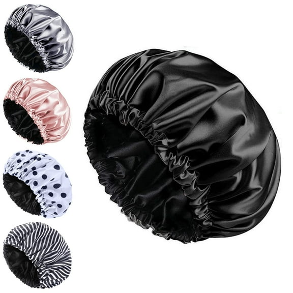 Shower Cap for Women - Double Layer Satin, Adjustable Reusable Waterproof & Washable Extra Large Hair Cap Black