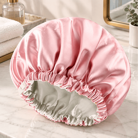 Shower Caps, 100% Real Satin Lined Shower Cap, Extra Large Shower Cap for Women Reusable Waterproof, Adjustable Size & Long Hair Bath Caps (Pink)